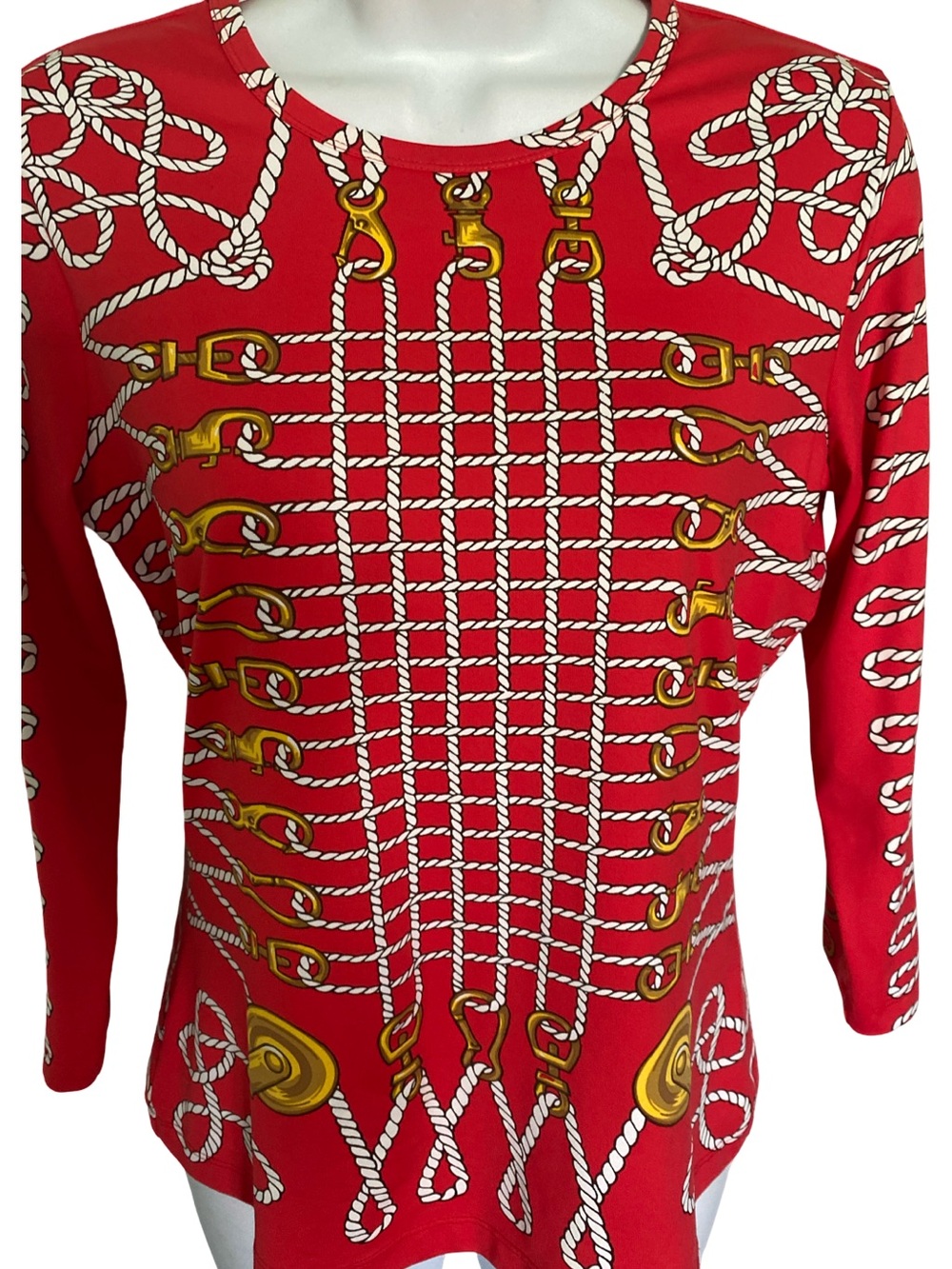 J. McLaughlin Red Rope & Gold Hardware Print Long Sleeve Jersey Top